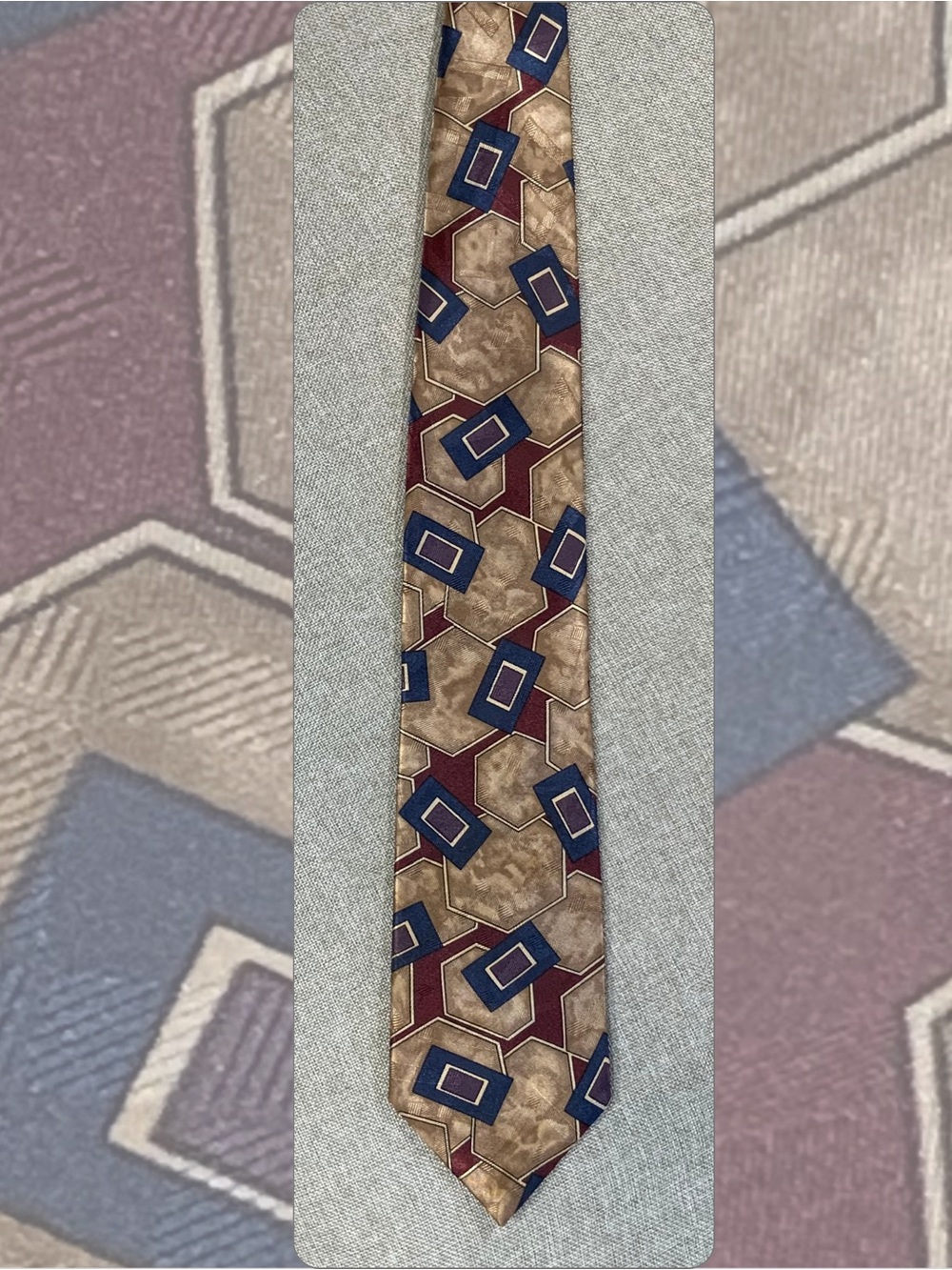 Camden Court Vintage Geometric Tie Art Deco Burgundy Navy Gold